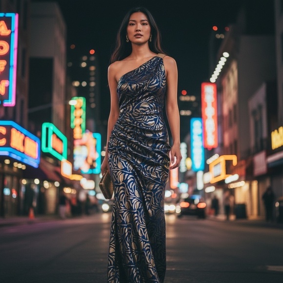 AIDON MATTOX One Shoulder Blue and Gold Dress​ - Picture 6 of 16